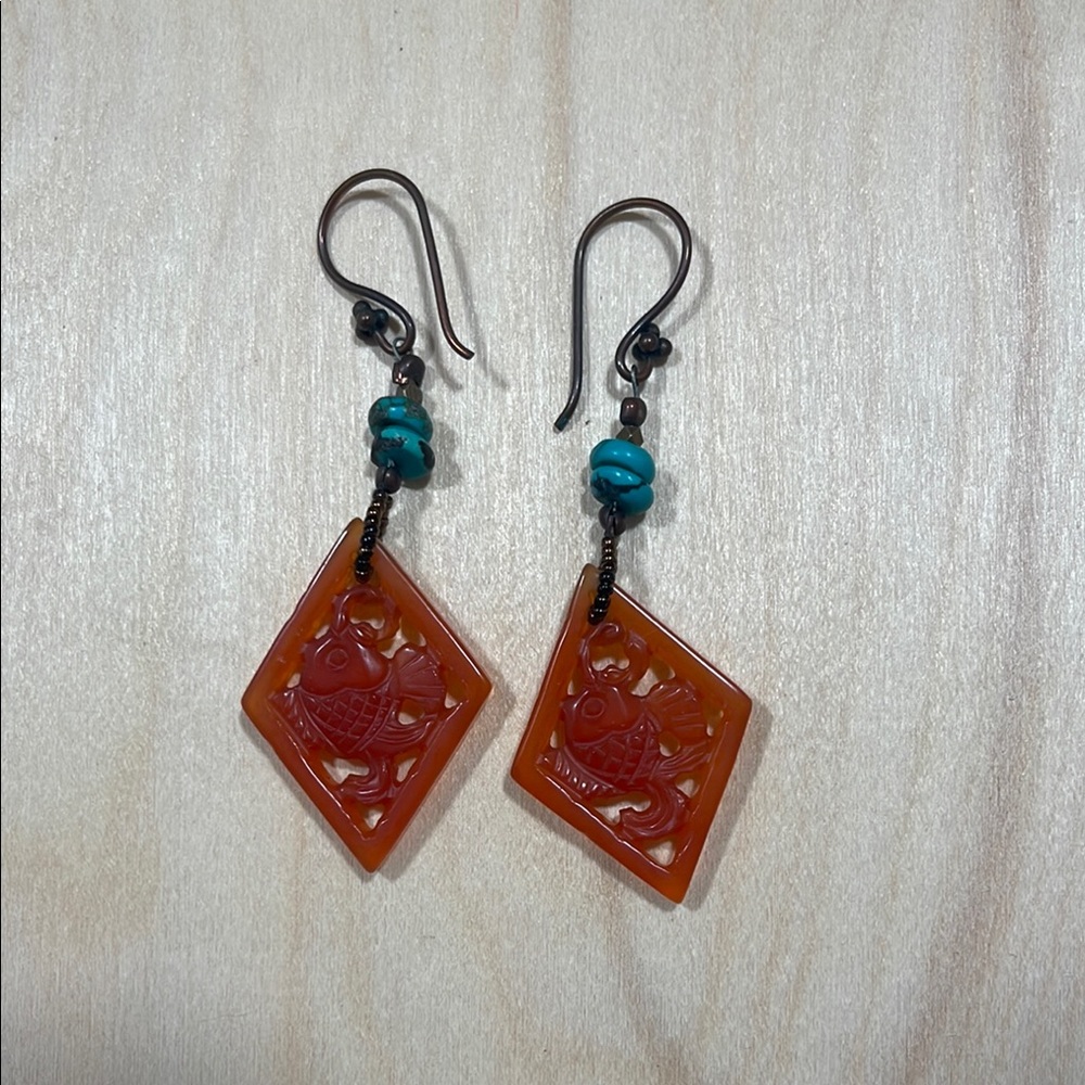 Jasper Fish Motif Earrings with Turquoise Accents